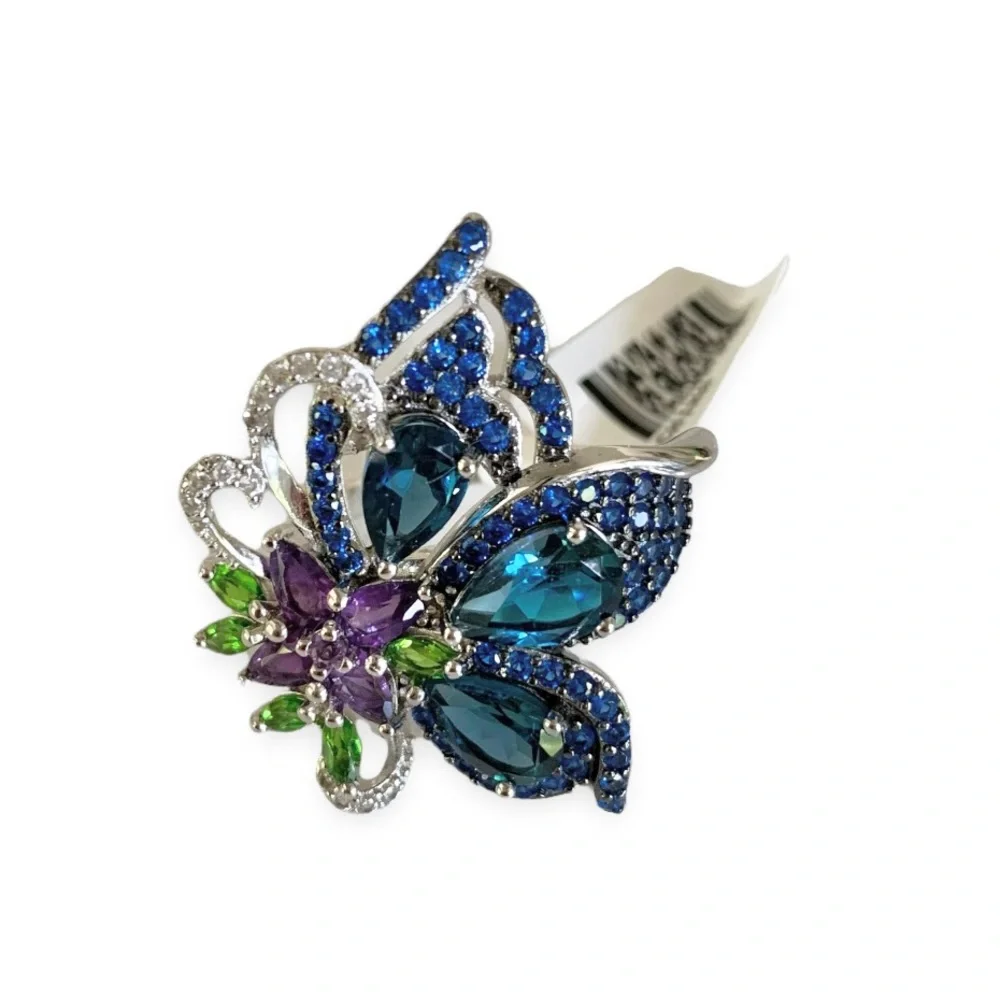 JTV London Blue Topaz Rhodium Over Sterling Silver Butterfly Ring 5.42ctw Size 5
